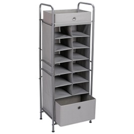 BIRDROCK HOME 12 Cubby Vertical Shoe Rack Organizer with Large Drawer - Grey - Free Standing Tower for Closet - Sturdy Metal Frame - Space Saver - Bedroom Organization