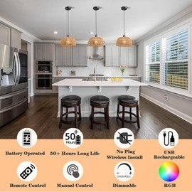 Battery Operated Pendant Light with Remote,Battery Hanging Light Rattan Woven Chandelier No Wiring Needed,Rechargeable Light Bulb 50+Hours Continue Use,Perfect for Kitchen Islands Ceiling Lighting