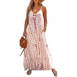 Bluetime Women Summer Casual Bohemian Maxi Dress V-Neck Sleeveless Flowy Boho Floral Beach Long Dress with Pockets(01-White Brown,S)