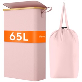 Lifewit 65L Slim Laundry Hamper with Lid, Narrow Laundry Basket with Removable Bag & Bamboo Handles, Fodable Thin Dirty Clothes Hamper for Laundry Collapsible Bin for Bathroom Bedroom Dorm, Pink