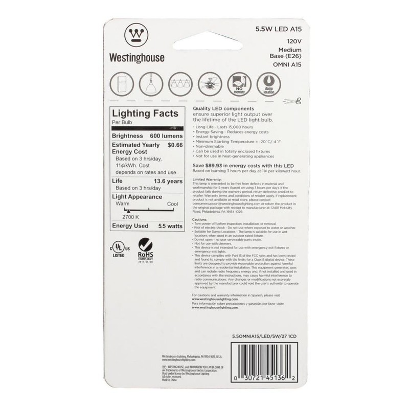 Westinghouse 4513600 60W Equivalent A15 Soft White Led Light Bulb