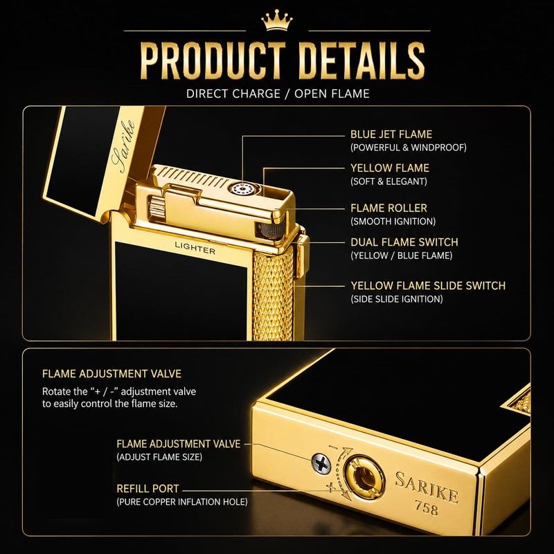 Refillable Butane Lighter, Dual Flame with Soft Flame & Jet