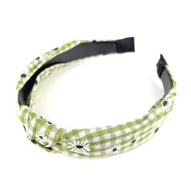 green White gingham turban knot headband plaid fabric covered band grip teeth plaid picnic blanket pattern floral flower daisy