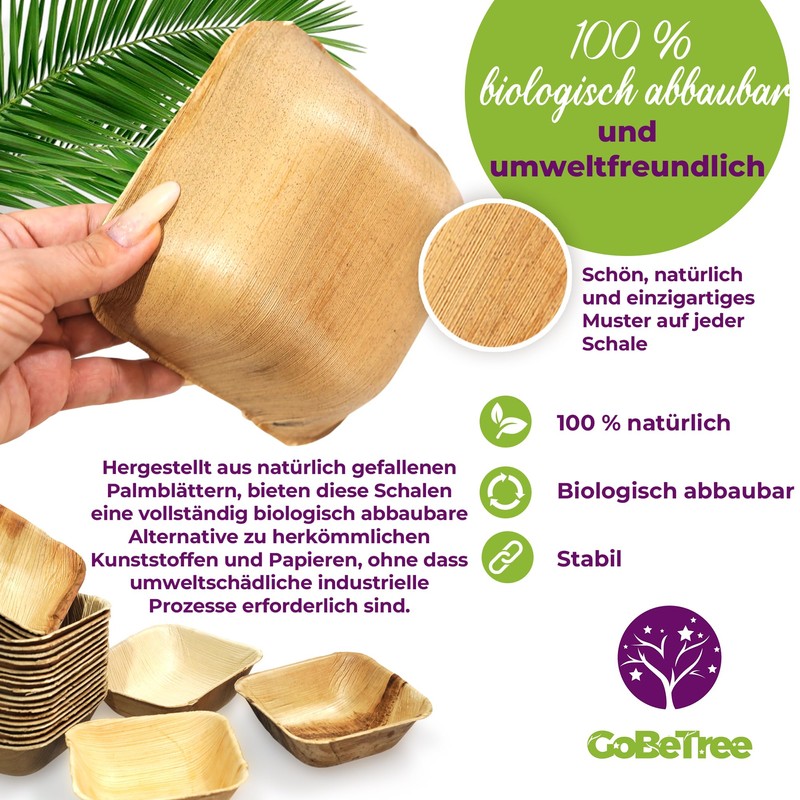 GoBeTree Square Palm Leaf Bowls 14 x 14 cm, Eco-Friendly,