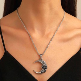 Yienate Gothic Moon Necklace Choker Silver Vintage Crescent Moon Rose Pendant Necklace Minimalist Punk Moon Charm Necklace Costume Jewelry for Women