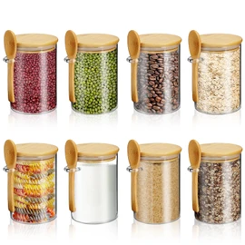 RETON 8 Pack Glass Jars with Bamboo Lids and Spoons, 17 oz Food Storage Containers for Meal, Airtight Overnight Oats Canister with Wood Lid Spoon for Meal Prep Spice Chia Loose Tea Yogurt