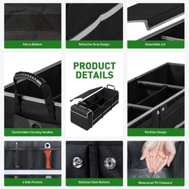 Snuopfy Car Trunk Organizer,115L Heavy Duty Collapsible Trunk Storage, with Insulated Leakproof Cooler Bag Vehicle Cargo Organizer with Lid, 3 Compartments, Straps For Car,Suv,Jeep,Sedan-Black