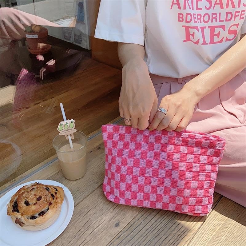 PAZIMIIK Knit Checkered Makeup Bag Large Zipper Make Up Accessory