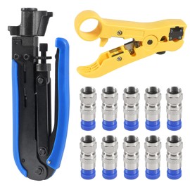 Coaxial Compression Tool Coax Cable Crimper Kit Adjustable RG6 RG59 RG11 75-5 75-7 Coaxial Cable Stripper with 10pcs F Compression Connectors Blue