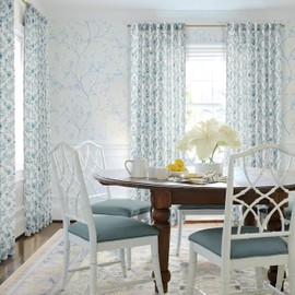 Blue Floral Linen Curtains for Living Dining Room 84 Inch length 2 Panels Blue Botanical Bloom Pattern Printed Curtains Back Tab Semi Sheer Farmhouse Decor French Country Drape for Bedroom 52x84