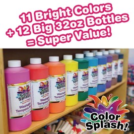 S&S Worldwide Color Splash! Liquid Tempera Bulk Paint, Set of 12 in 11 Bright Colors, 32-oz Easy-Pour Bottles, Great for Arts & Crafts, School, Classroom, Poster Paint, For Kids & Adults, Non-Toxic.