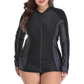 CharmLeaks Plus Size Rash Guard for Women Front Zipper Long Sleeve Beach Wear Top Black XL