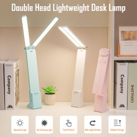 kvppvt LED Double Head Desk Lamp, Rechargeable Portable Small Table Lamp, Adjustable Light Color and Brightness, USB Powered, LED Light for Work, Reading, Emergency (White)