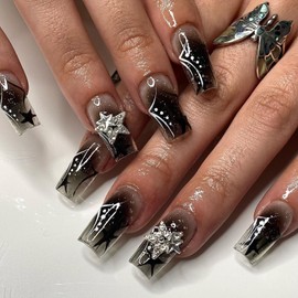 Square Press on Nails Medium Fake Nails Black Ombre False Nails Glitter Stick on Nails 3D Stars Glue on Nails Cute Sparkly Artificial Nails for Wmoen 24PCS