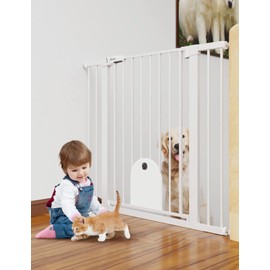 Babelio 36" Tall Auto Close Baby Gate with Small Cat Door, 29-43" Metal Cat Gate for Doorway, Stairs, House. Easy Walk Thru Dog Gate with pet Door, Includes 4 Wall Cups and 3 Extension Pieces, White