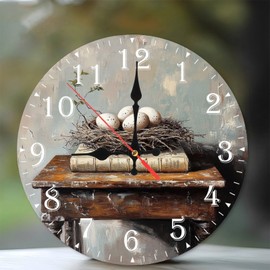 10-Inch Silent Wooden Wall Clock, Birds Nest on Antique Book Table ” Silent Non-Ticking Clock, Battery Operated (AA Batteries Not Included), Artistic Home Decor