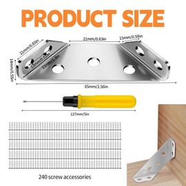 Pack of 60 Corner Brackets, Metal Corner Connectors, Furniture Construction with 240 Screws and Screwdriver Angle Stainless Steel Triangle Shape Corner Bracket Triangle Support Furniture Connector for