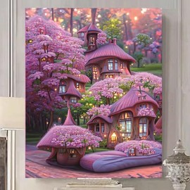Qeerysew - Kit de punto de cruz estampado, gama completa de kits de inicio de bordado, para principiantes, bricolaje, 11 quilates, 3 hilos, kit impreso, casa rosa, 52 x 72 cm