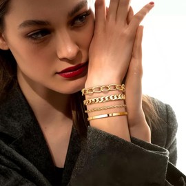 Bklphsey 16k Chunky Gold Bracelets for Women Trendy Womens Gold Bracelet Stack Layered Chunky Chain Bracelets Waterproof Link Cuff Herringbone Bracelet Fashion Accessories Gifts for Women, 3