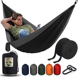 Durable Hammock 500 lb capacity - Lightweight Nylon Camping Hammock Chair - Double or Single sizes w/ Tree Straps and Attached Carry Bag - Portable for Travel/backpacking/beach/backyard (Medium,Black)