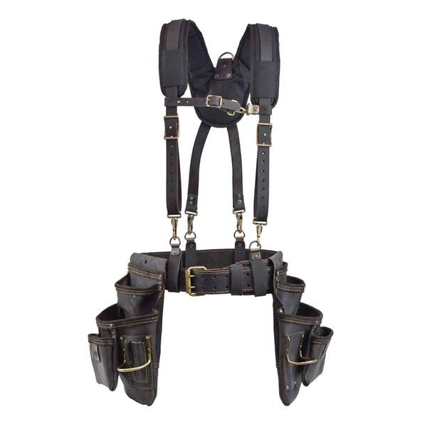 OX Tools OX-P263609 Oil Tanned Leather Framing Rig with Padded Suspenders Leather Belt and Tool Pouches, Dual Hammer Holsters