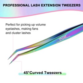 EMEDA Tweezers for Lash Extensions, Fiber Tip Lash Tweezers for Lash Extensions, 45° Tweezers for Eyelash Tweezers, Stainless Steel Tweezers Eyelash Extensions for Lash Artist and Beginners