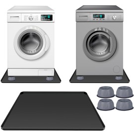 Washing Machine Drain Pan 27"x27" with 4 Anti-Vibration Foot Pads – Washer Tray,Non-Slip, Waterproof, Laundry Appliance Floor protection Set –Noise Reduction Leak Prevention -Soft Silicone Mat