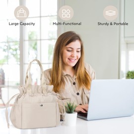 BEFIVECOK Insulated Lunch Bag Women Lunch Box for Women Teen Girl Adult, Reusable Drawstring Tote Lunch-bag with Cinch Closure, Waterproof Aesthetic Large Lunchbox for Work Picnic School (Beige)