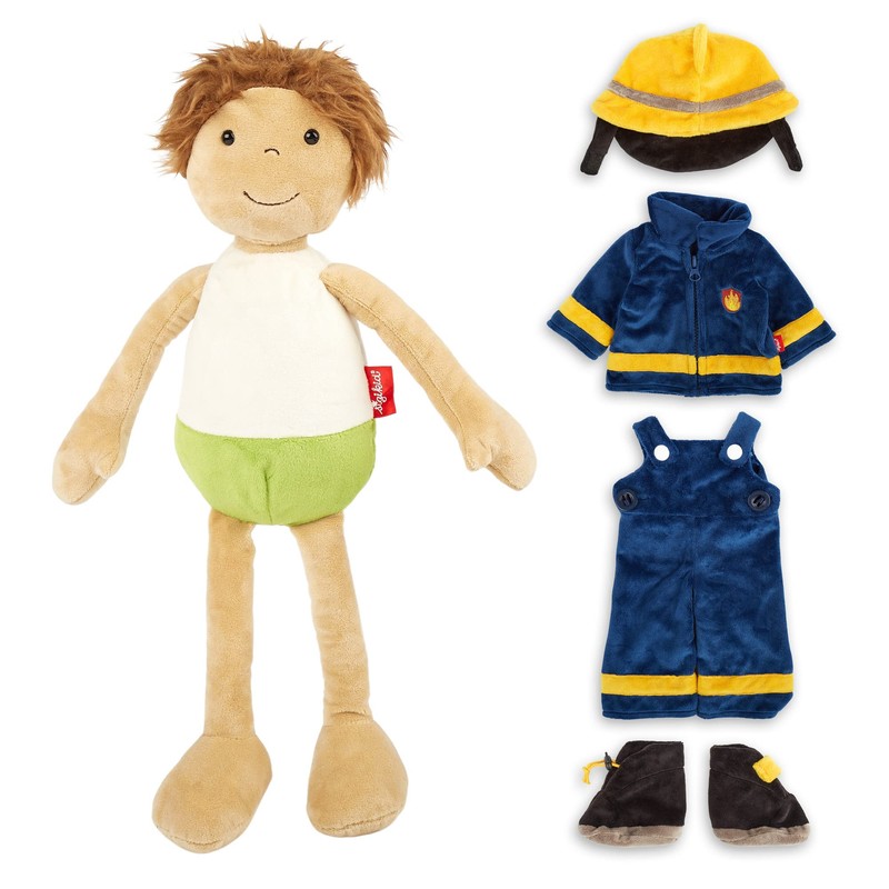 SIGIKID 42859 Learning Doll Fireman Plush Dressing Doll Clothes on
