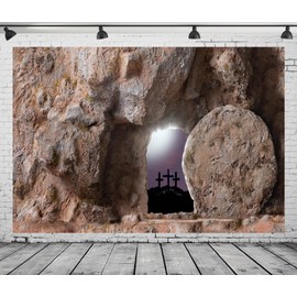 Loccor 8x6ft Fabric Empty Tomb Backdrop Cross Crucifixion Stone Hole Holy Lights Background Sunrise Resurrection of Jesus Christ Easter Day Studio Props