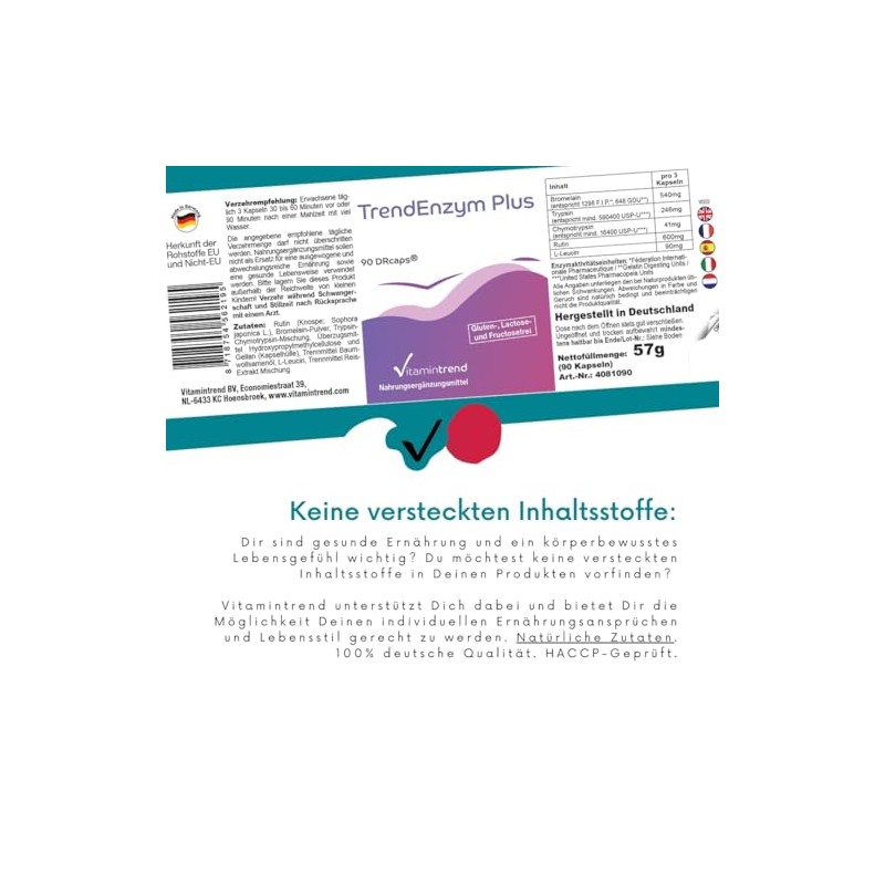 Vitamintrend TrendEnzym Plus, 90 DRcaps, Swallow-friendly, 540 mg Bromelain per
