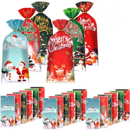 Cosmos 50 Pcs Christmas Cellophane Bag Xmas Holiday Gift Wrapping Bag Candy Bag with Golden Twist Ties for Xmas Party Favors Supplies Decoration, 6 Assorted Patterns Plastic Goodie Gift Bag