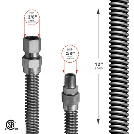 Highcraft GUHD-TT38-12J Gas Line Hose 1/2'' O.D. x 12'' Length with 3/8 in. FIP x MIP Fitting, Uncoated Stainless Steel Flexible Connector, 12 Inch