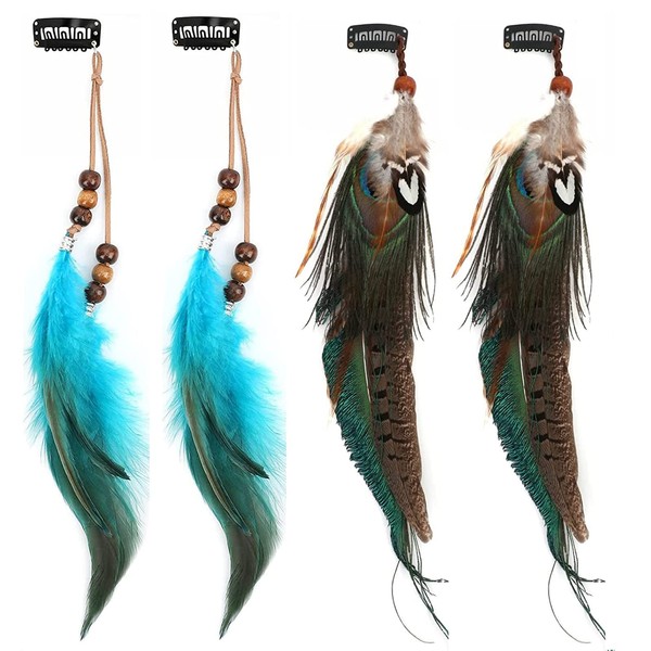 MWOOT 6Pcs Clip In Feather Hair Extensions, Peacock Feathers Extension for Women Halloween Costume Carnival Cosplay Party Headdress, Handmade Bohemian Hippie Hair Clip, Blue Feather Clips