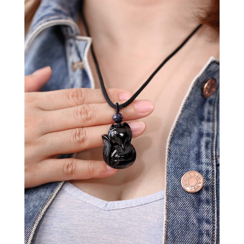 Lightock Obsidian Fox Necklace Pendant for Women Healing Energy Crystal