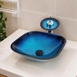 Lonuebu Bathroom Sink Set 17 Inch Artistic Sink with Faucet and Drain Combo Square Tempered Glass Vessel Sink for Bathroom Vanity Blue Vessel Sink Above Counter Bowl Sinks
