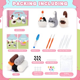 Crochet Kit for Beginners Animal Cat Crochet Kit for Adults Kids, Knitting Kits Complete Crochet Set with Step-by-Step Video Tutorials, 3pcs Cat Crochet Animal Kit Surprise Gift Birthday (3 Colors)