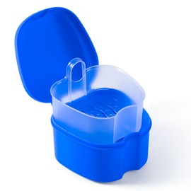 JMU Denture Case, Denture Cup for Soaking Dentures with Strainer Basket Tray, Navy Blue Mouth Guard Storage