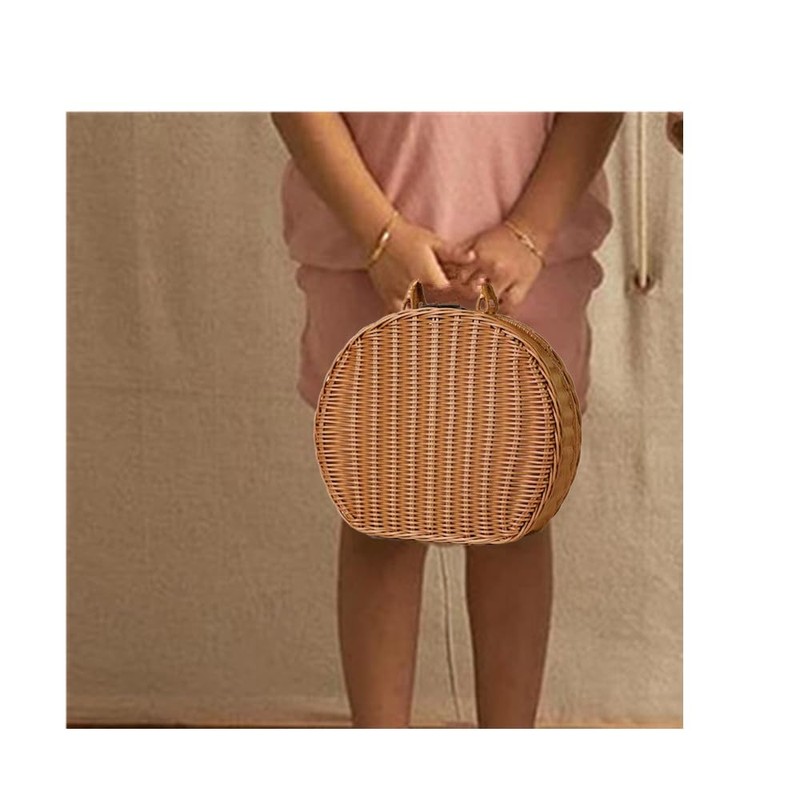 Wicker Storage Basket, Round Vine Weaving Storage Handbag with Hand