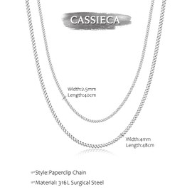 CASSIECA Women's Stainless Steel Necklace, Paper Clip Chain, Cuban Chain, Stackable Necklace, Gold, Silver, Rose Gold, Pack of 2