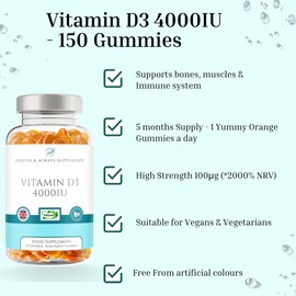 Vitamin D3 4000iu - High Strength 100μg - 5 Months Supply Orange Flavour Gummies - Vitamin D Supplement Teeth, Bone, Muscles & Immune System Support