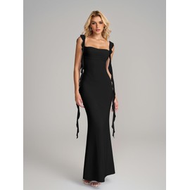 KUTUMAI Elegant Long Formal Wedding Guest Dresses for Women Ruffle Bodycon Cocktail Party Maxi Dress Black XS