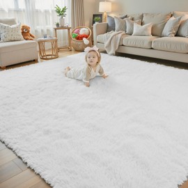 Area Rugs 9x12 Living Room, White Large Area Rug Shag Shaggy Carpet Soft Plush Furry Bedside Rug, Machine Washable Area Rugs for Bedroom Kids Girls Boys Home Decor Anti Slip(9 x 12, White)