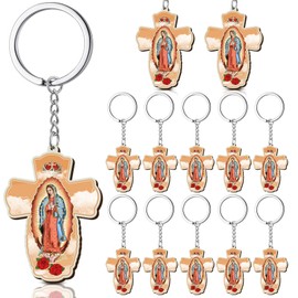 Equsion 24 Pcs Our Lady of Guadalupe Wood Keychain Wooden Christian Keychain First Communion Gift Baptism Religious Party Favors Key Ring for Guests Christian Gifts Recuerdos De Bautizo