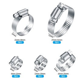 20 Pcs Hose Clips Set, Adjustable 6-51mm Range Hose Clamps 304 Stainless Steel, Hose Screws Pipe Clamps Clips Assortment for Hose Pipe Tube, 6-12/13-19/16-25/21-38/27-51mm