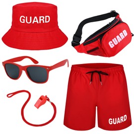 5 Pcs Guard Costume Set Include Guard Hat Shorts Fanny Pack Whistle Sunglasses for Men Women Party Dress Up (M) Red