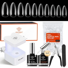 Modelones Nail Tips and Glue Gel Kit- Gel x Nail Kit 500pcs Clear Fake Nails Almond Nail Tips with Nail Prep Dehydrate 4In1 Nail Glue U V/LED Lamp Nail Art Tools Acrylic Nail Kit Extension Set