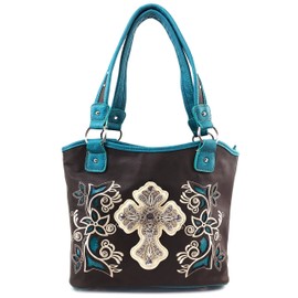 Justin West Western Rhinestone Cross Tote Purse Embroidery Floral Design Leather Concealed Carry Handbag (Turquoise)