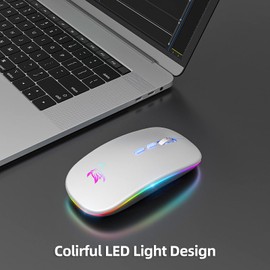 Mouse inalámbrico LED, mouse Bluetooth silencioso, recargable y portátil, USB óptico 2.4G, inalámbrico, Bluetooth, dos modos, con receptor USB y adaptador tipo C (plata)