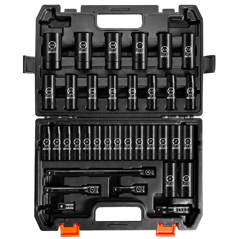 BOEN 35-Piece 1/2" Drive Deep Impact Socket Set - SAE